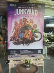 The Junkyard Theater: We passed this place several time a week and never even noticed it.  A Facebook add turned us on to it.  We saw the show,  which was awesome.  A quirky parody of life in Phuket.   The show is an offshoot of Underwood Studios art factory.  John, the owner, is a sculptor by training and his company has commercial art business all over the world.  I have since become involved with the show although they are not quite sure what to do with me yet.  The owners are extremely welcoming and gracious.  If  they do not stop giving me free meals soon I will get very fat.  I had never been backstage of a musical/comedy production before and found it interesting to watch the performers hurry to change costumes as the stage hands hurry to changes sets.  It is all set up to move smoothly and efficiently.  My only job so far was to stay out of the way :-)

I have been to several rehearsal and discovered that most of the acts and  dance routines are thought up by the performers.  Everything is very casual and the performers smile and laugh a lot. It is fun to watch.  I just wish I understood Thai so I could learn more.

The owners keeps telling me I can get as involved as I want and the man who runs the sound and stage lighting is going to teach me how to handle the spot light  as a back up for the regular guy.  They even offered to pay me, which I declined.  
I am having an excellent time there.
